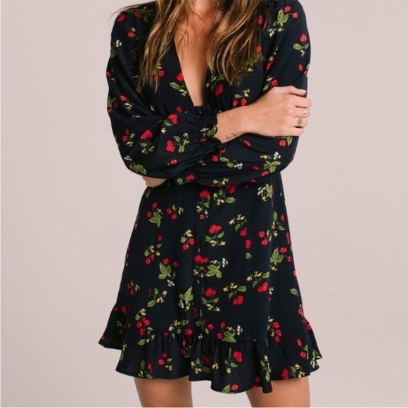 Astr Dresses & Skirts - Astr Red and Green Wrap Sundress with Bishop Sleeves
